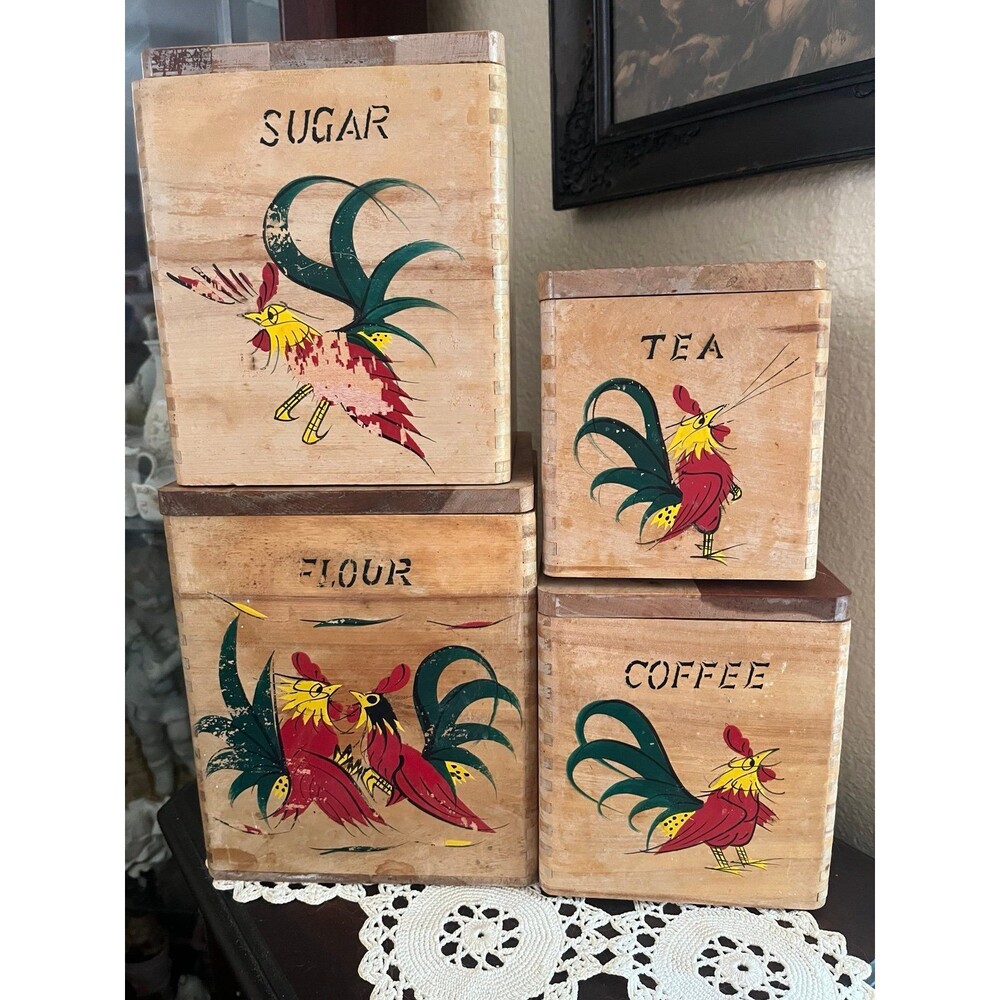 Antique Rustic Wooden Nesting Chicken Rooster Canister Set Of 4 Boxes